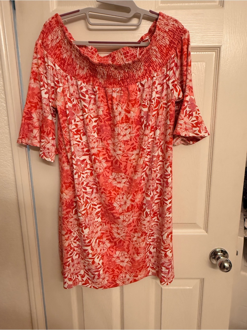 Caribbean Joe Coral and White Floral Smocked Top